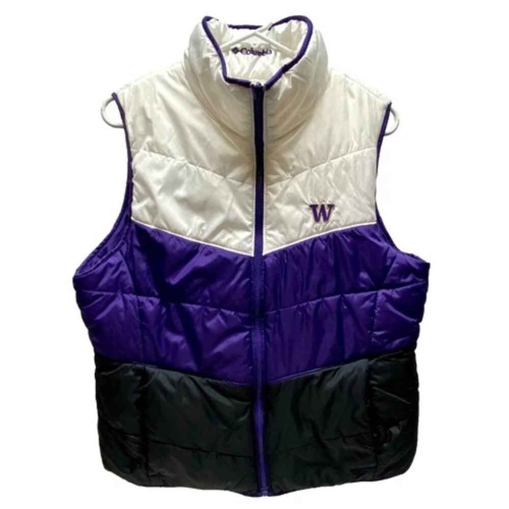Columbia UW Huskies Puffer Vest Women's‎ Large Reversible White Purple Black EUC